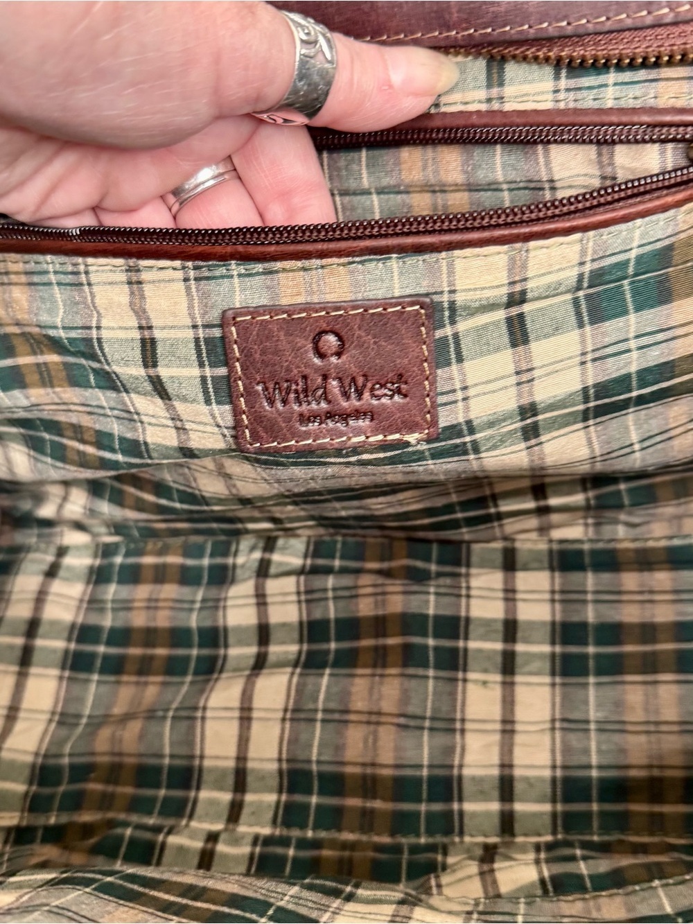 Wild West Dark cherry brown Hand tooled floral leather,turn lock,gold,plaid - Picture 10 of 12